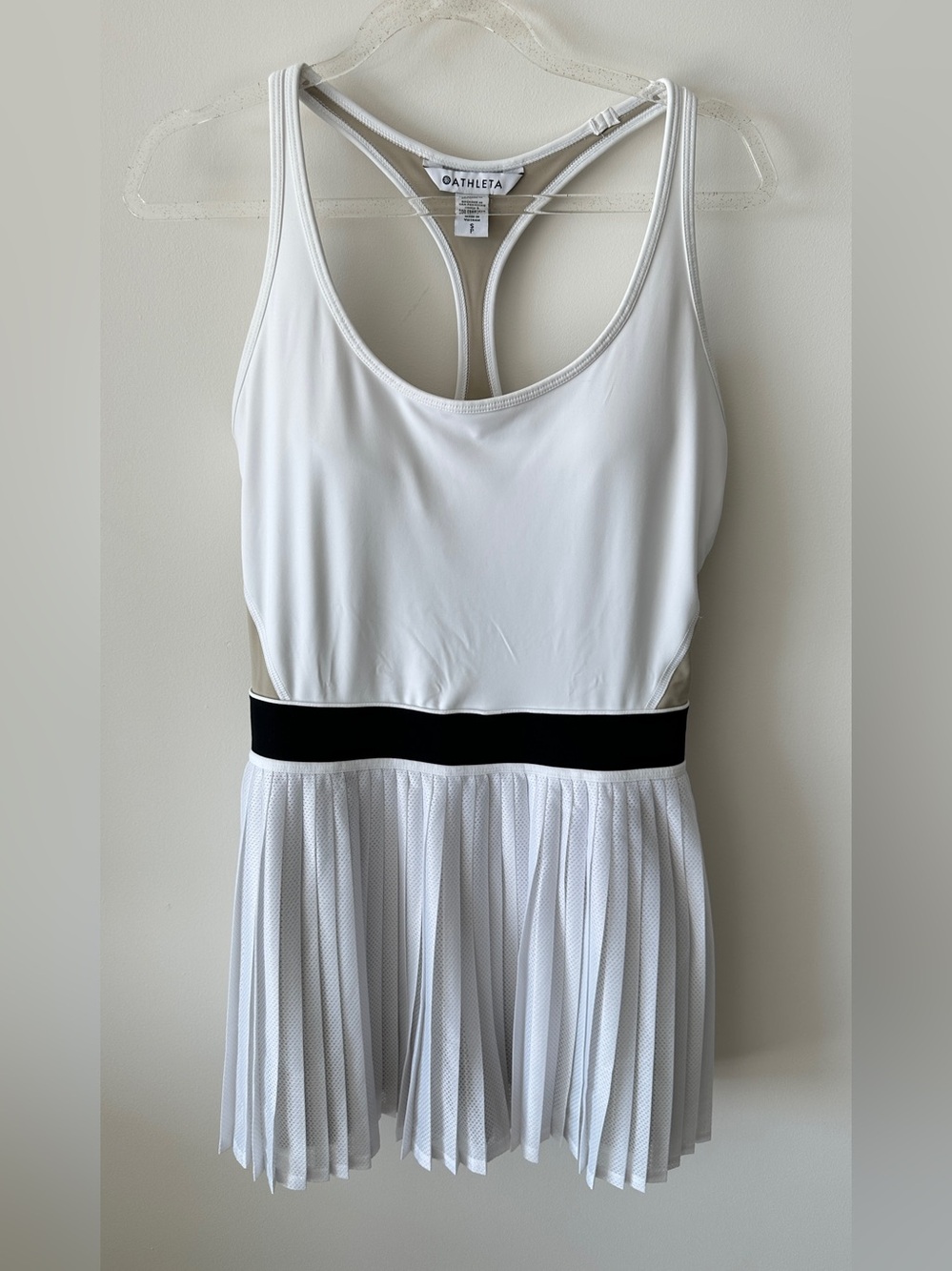 Athleta White Pleated Tennis Dress with Black Waistband